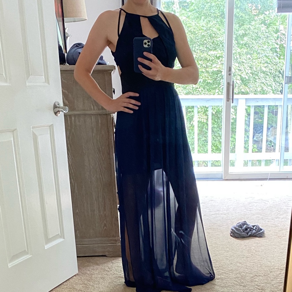 BCBG navy dress with sheer bottom.